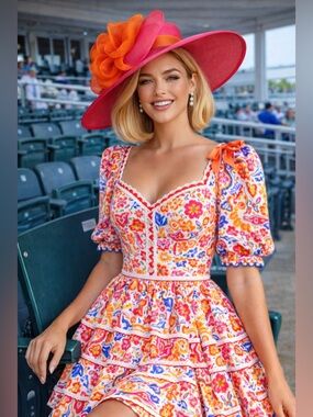 Kentucky Derby Hat Wide Brim KY Oaks Bow Floral Pink Orange Sinamay Lightweight